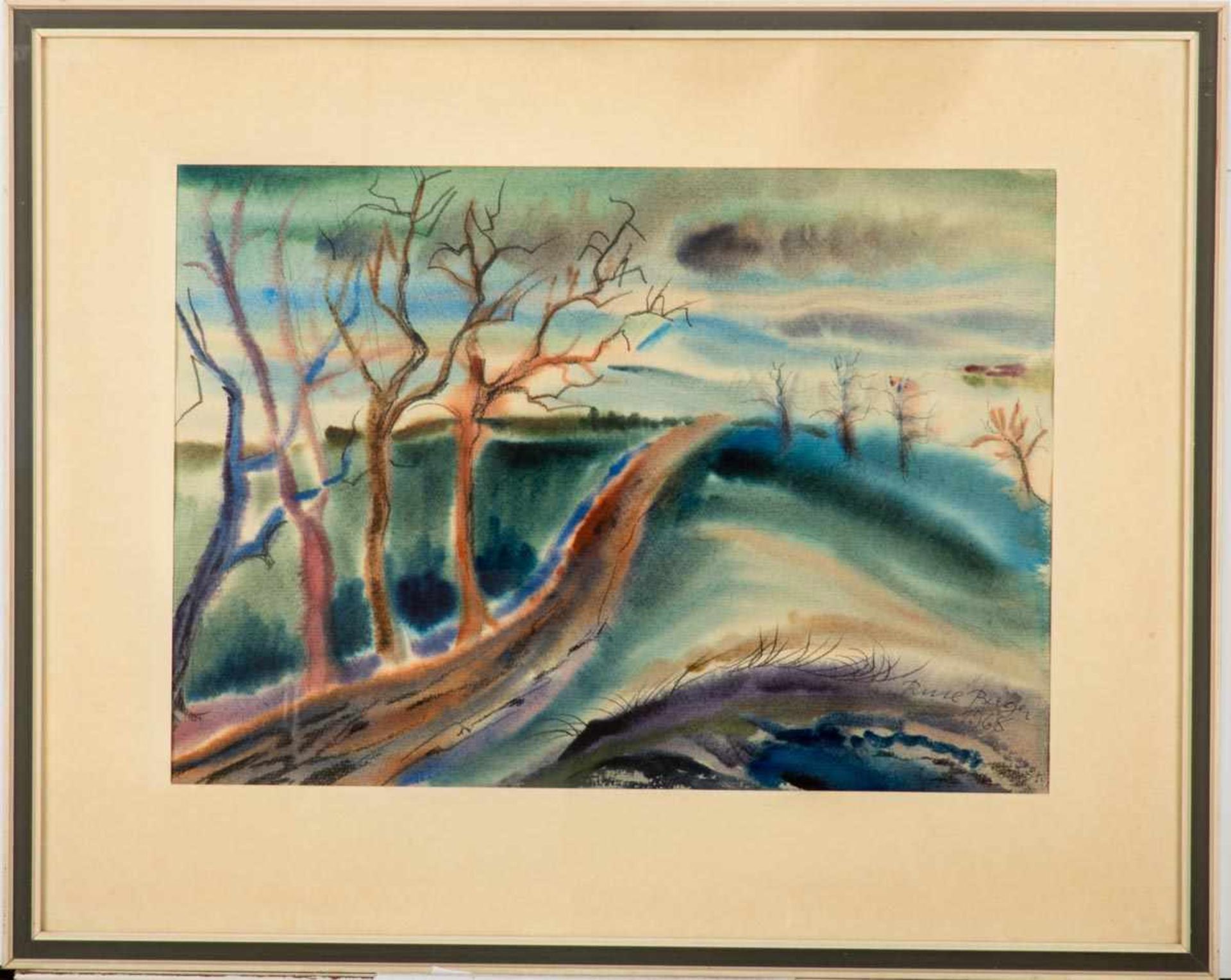 Berger, ReneGeb. 1924. Hüglige Landschaft. Aquarell auf Bütten. Re.u.sign., dat. 1968. 32 x 44 cm.