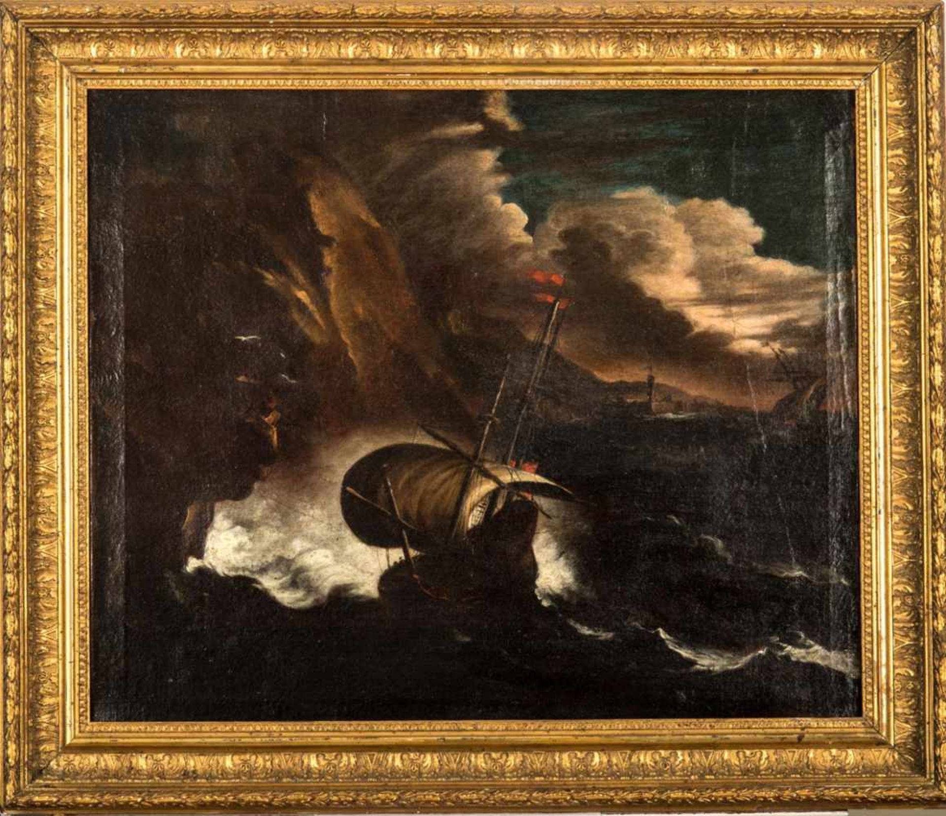 Meister des 18. Jhs.Segler in schwerer See im Gewittersturm. Öl/Leinwand. 46 x 55 cm.R.