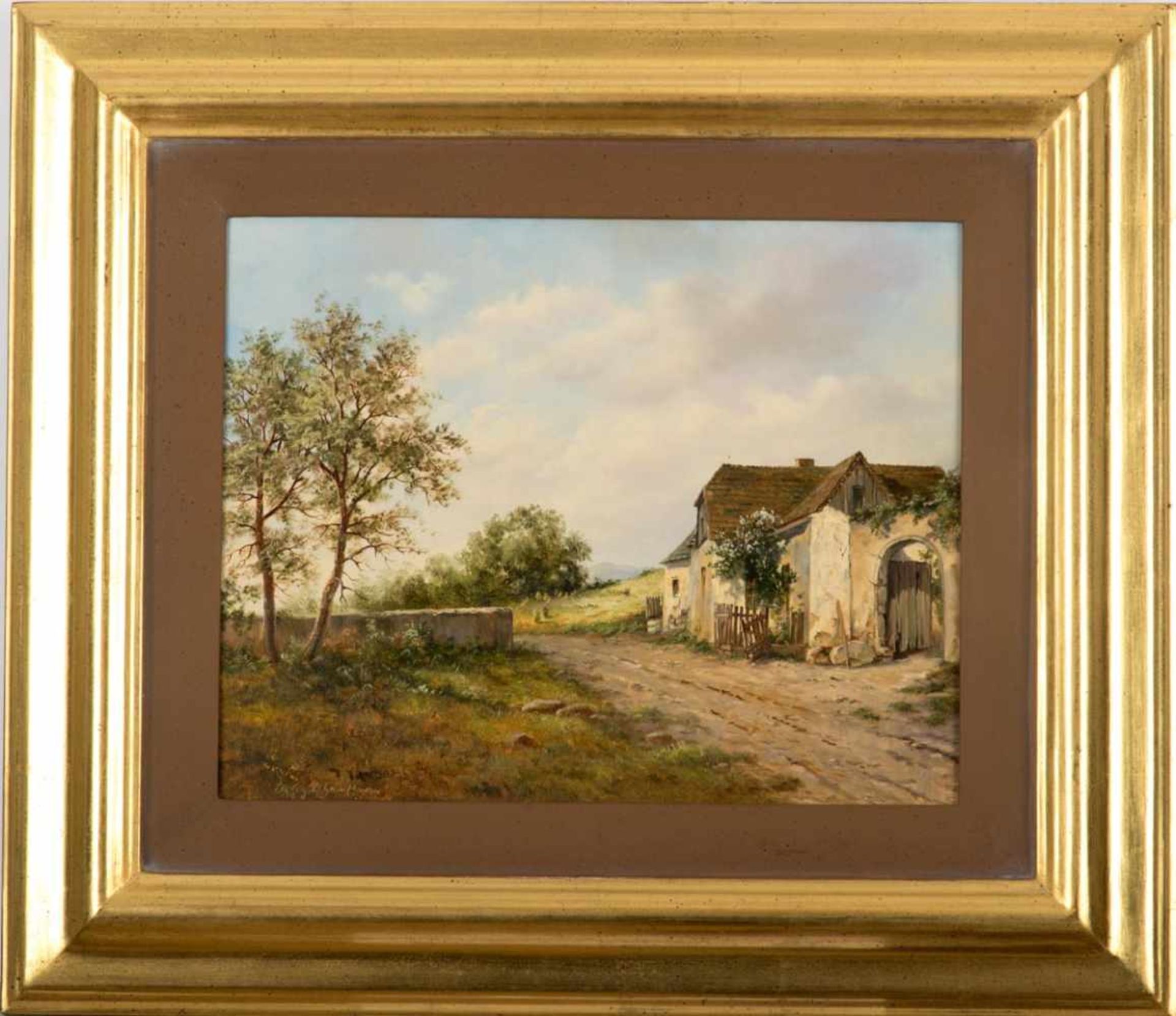 Günther-Gagel, EleonoreGeb. 1947. Bauernhaus am Fluß. Öl/Holz. 24 x 30 cm. R.