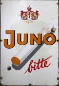 Werbeschild "Juno", um 1960-70Weichblech polychrom beidseitig emailliert. 95 x 61 cm.Gebr.Spuren.