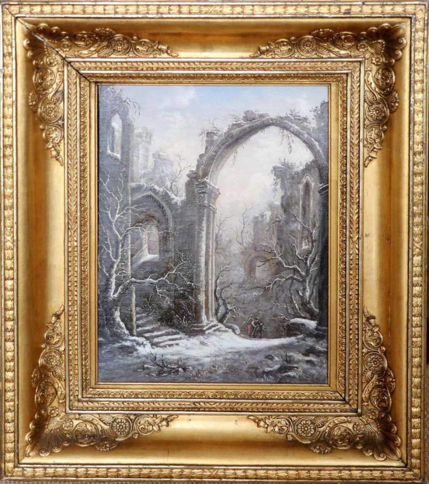 Dresdner Schule um 1830Winterliche Ruinenlandschaft mit Holzsammlern. Öl/Leinwand. 67 x 56 cm. R.