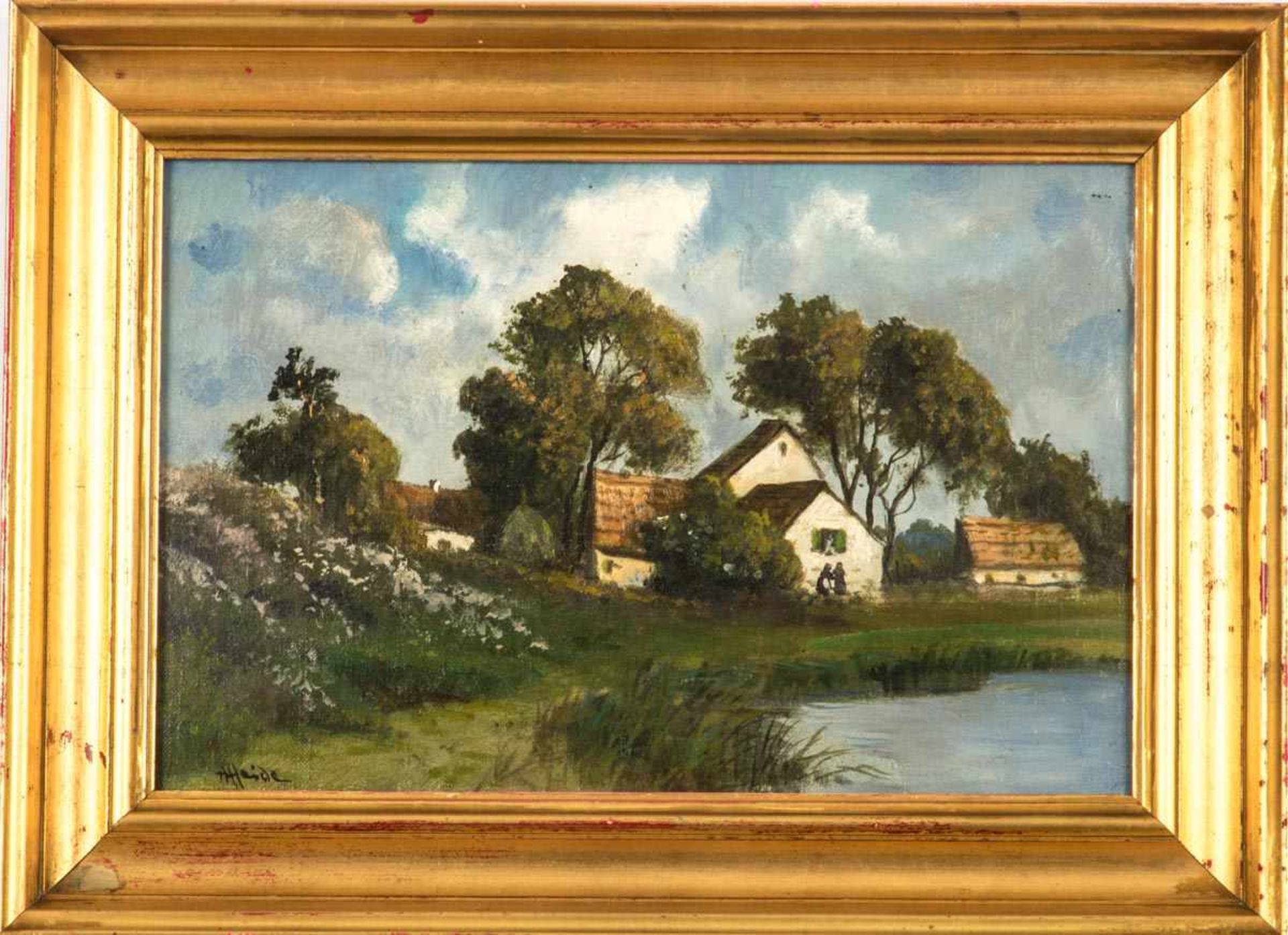 Heide, Alfred1855 - nach 1936 Magdeburger Maler. Bäuerliches Anwesen am Teich. Öl/Leinwand. Li.u.