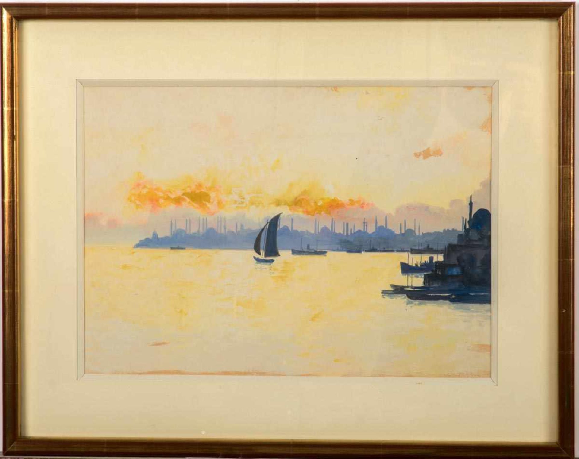 Aquarellist, Anf. 20.Jh.Silhouette von Istanbul über den Bosporus gesehen. Aquarell. 25 x 35 cm.