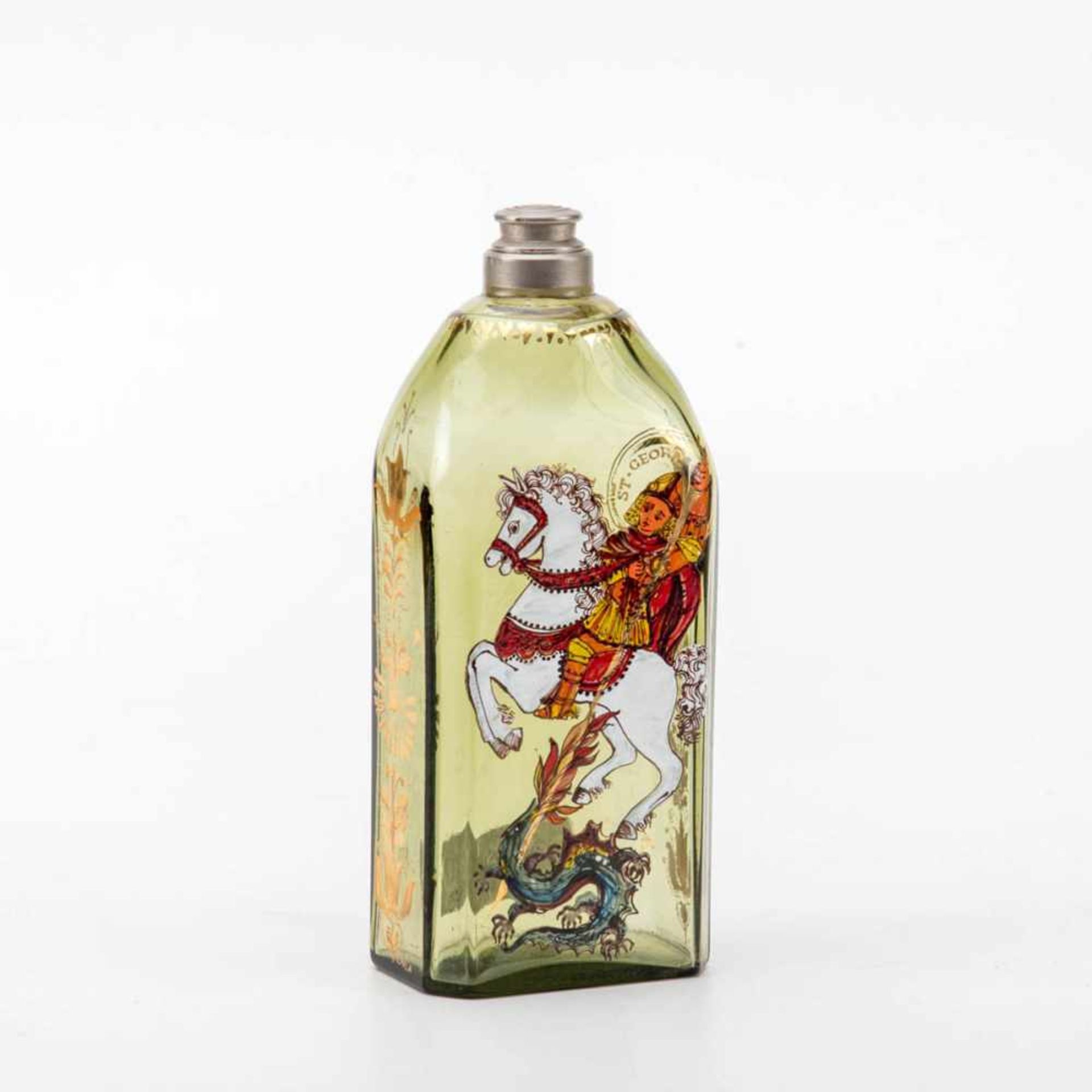 Pilgerflasche Hl. St. GeorgGrünes Glas, Front mit Bemalung .H. 17cm.