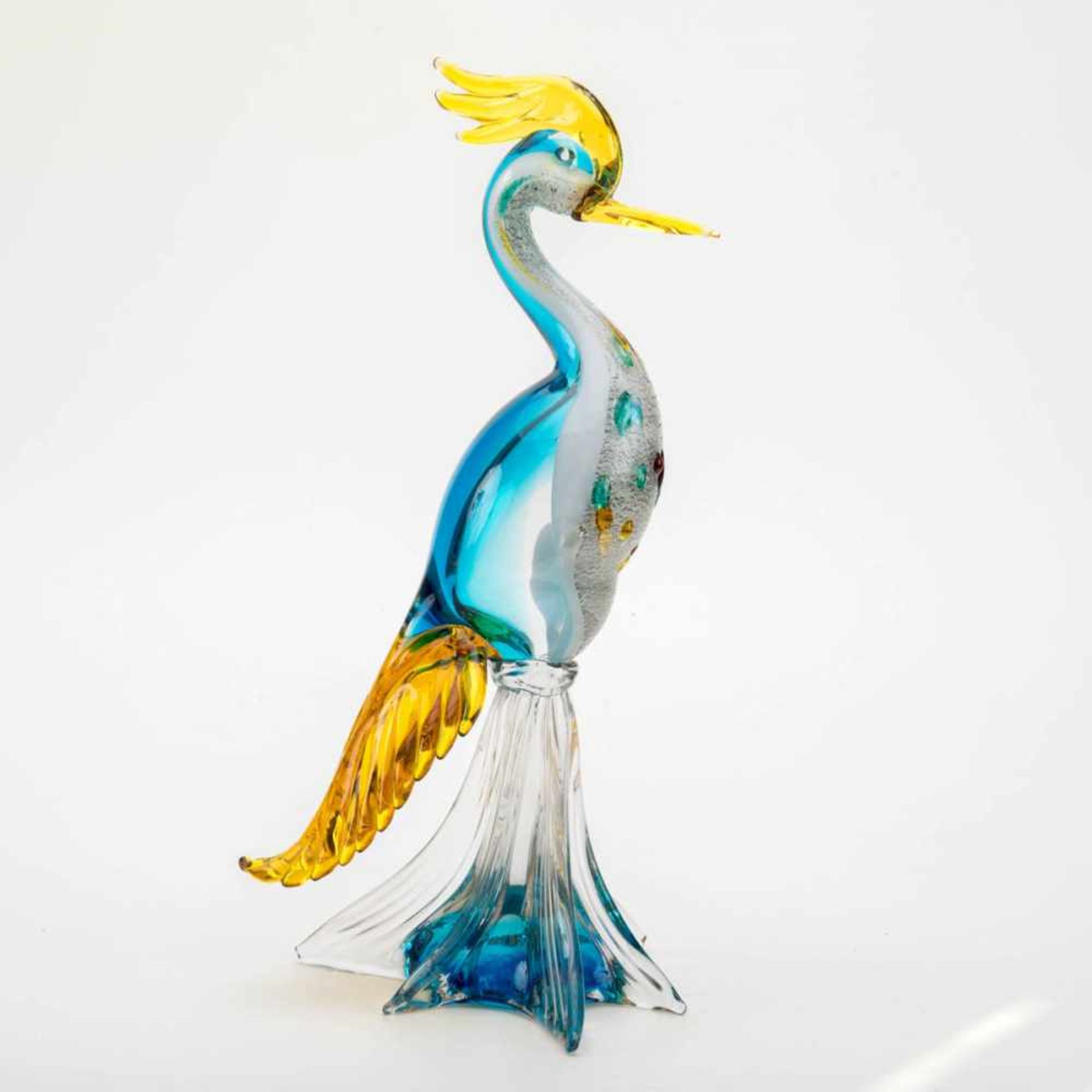 Vogelfigur, Murano um 1960Farbloses und bernsteinfarbenes Glas mit partiellen opakweißen,
