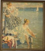 Kunstdruck Cucuel, Edward1875 San Francisco - 1954 Pasadena. Zwei junge Damen auf einem Steg am See.