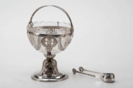 Zuckerkorb mit Zuckerzange, um Biedermeier 184012-lötiges Silber, farbloser geschliffener