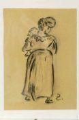 Zille, Heinrich1858 Radeburg - 1929 Berlin. Rückenansicht einer Mutter mit Kleinkind auf dem Arm.