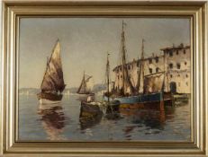 Palis, ErichAlfelder Maler des 20. Jhs. Italienische Küstenlandschaft mit Hafenansicht. Öl/Leinwand.