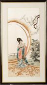 Bildnis einer Geisha, JapanAuf cremefarbener Seide in feinster Seidenstickerei Darstellung einer