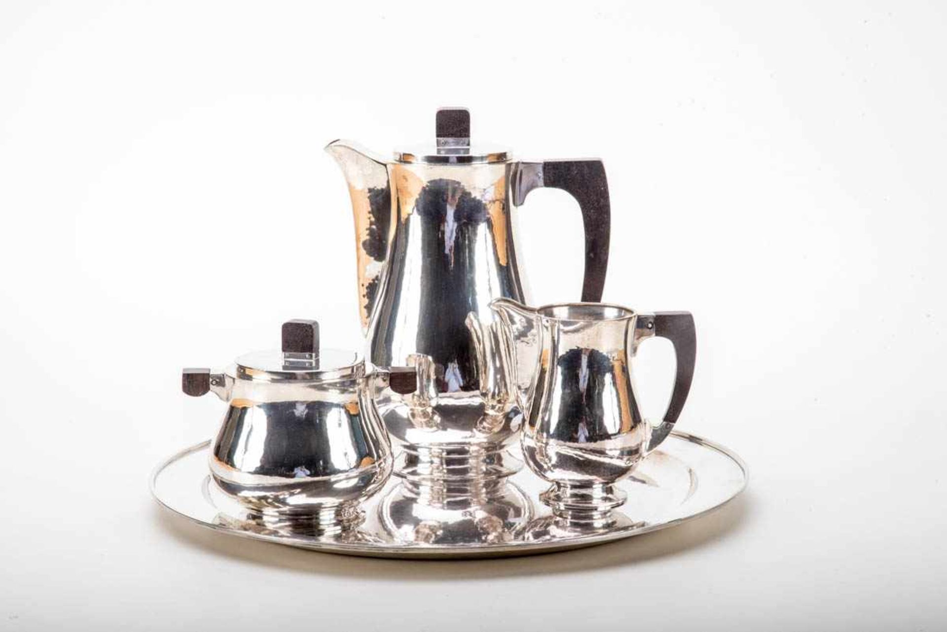 5-teilig. Kaffee-Service, Art Déco um 1920800er Silber. Griffe Ebenholz. Bestehend aus rundem