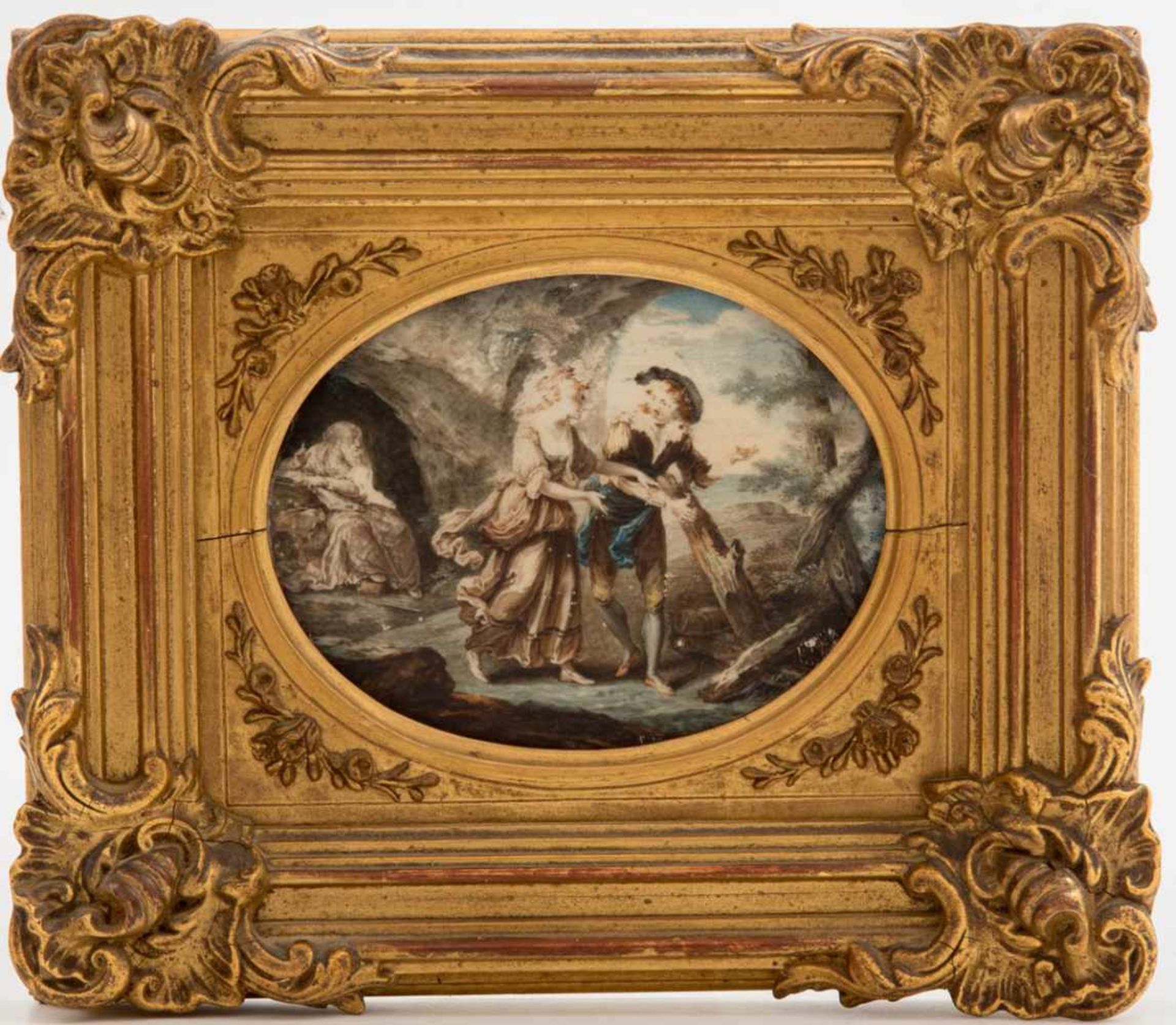 Miniaturmaler des 19. Jhs.Liebespaar vor der Einsiedelei eines Eremiten. Gouache. 8 x 9,5 cm.