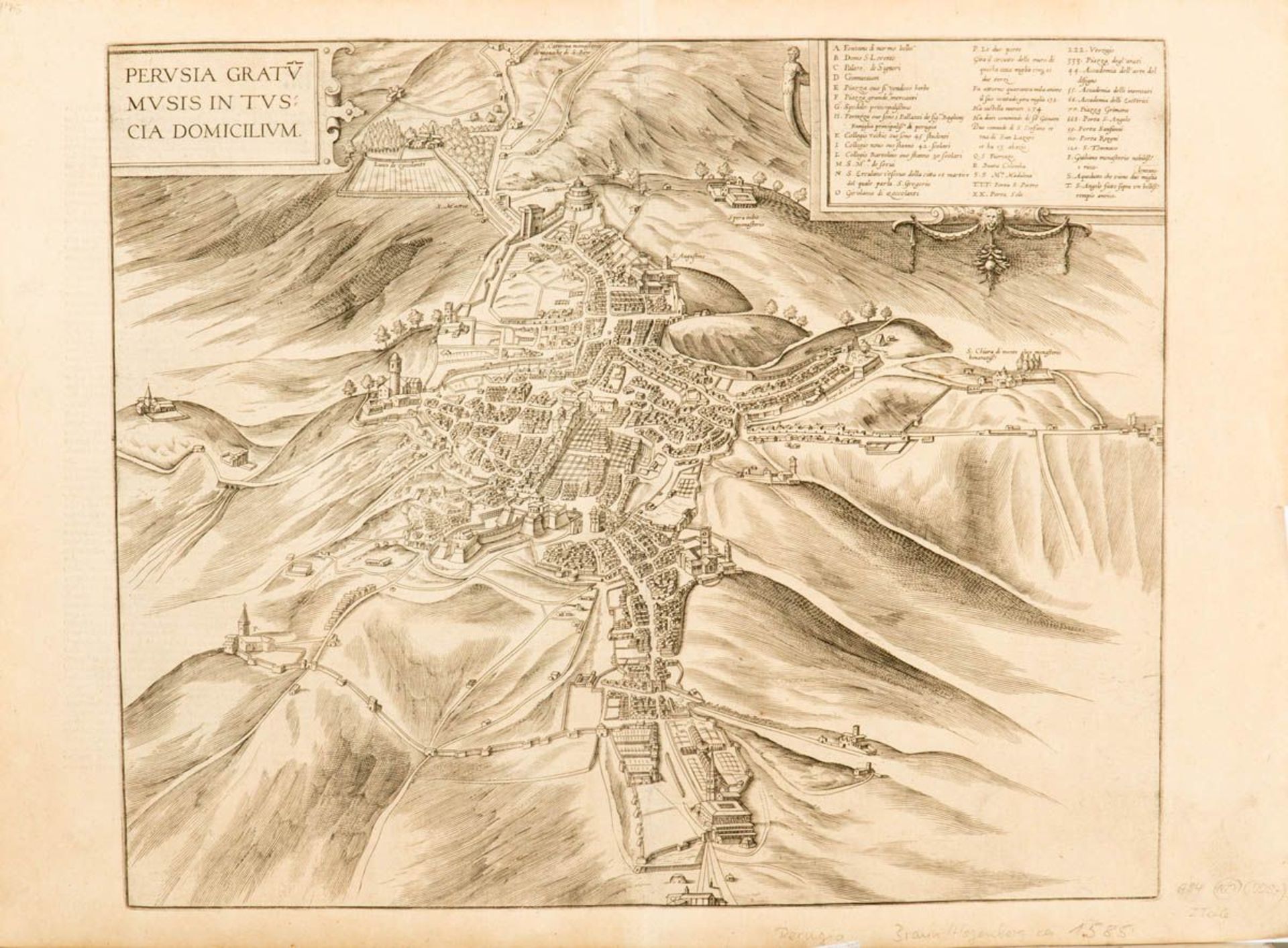 Karte Perugia - Braun, Hogenberg 1585Kupferstich. Blatt mit Bugfalte. 40 x 54,5 cm.