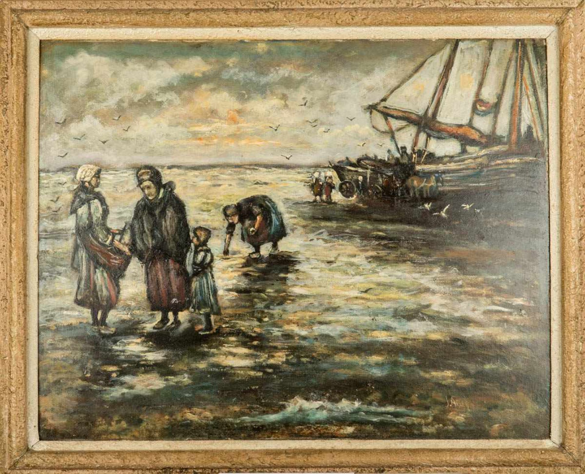 Arler, J.Öl/Hartfaser. Muschelsucher am Strand . R.u. sign. 65 x 80 cm. Rahmen.