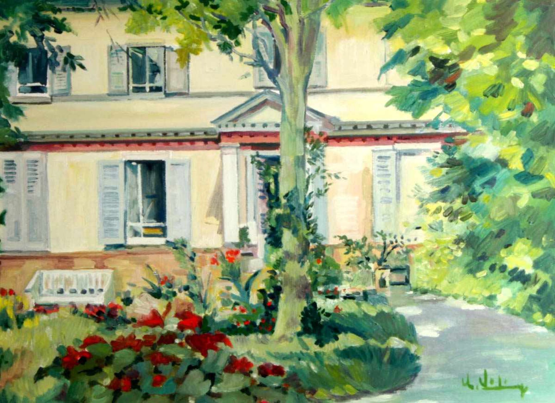 Lühning, U.Öl auf Hartfaser. Sommerhaus mit blühendem Garten. Re. unten sig. 56 x 75 cm. Rahmen