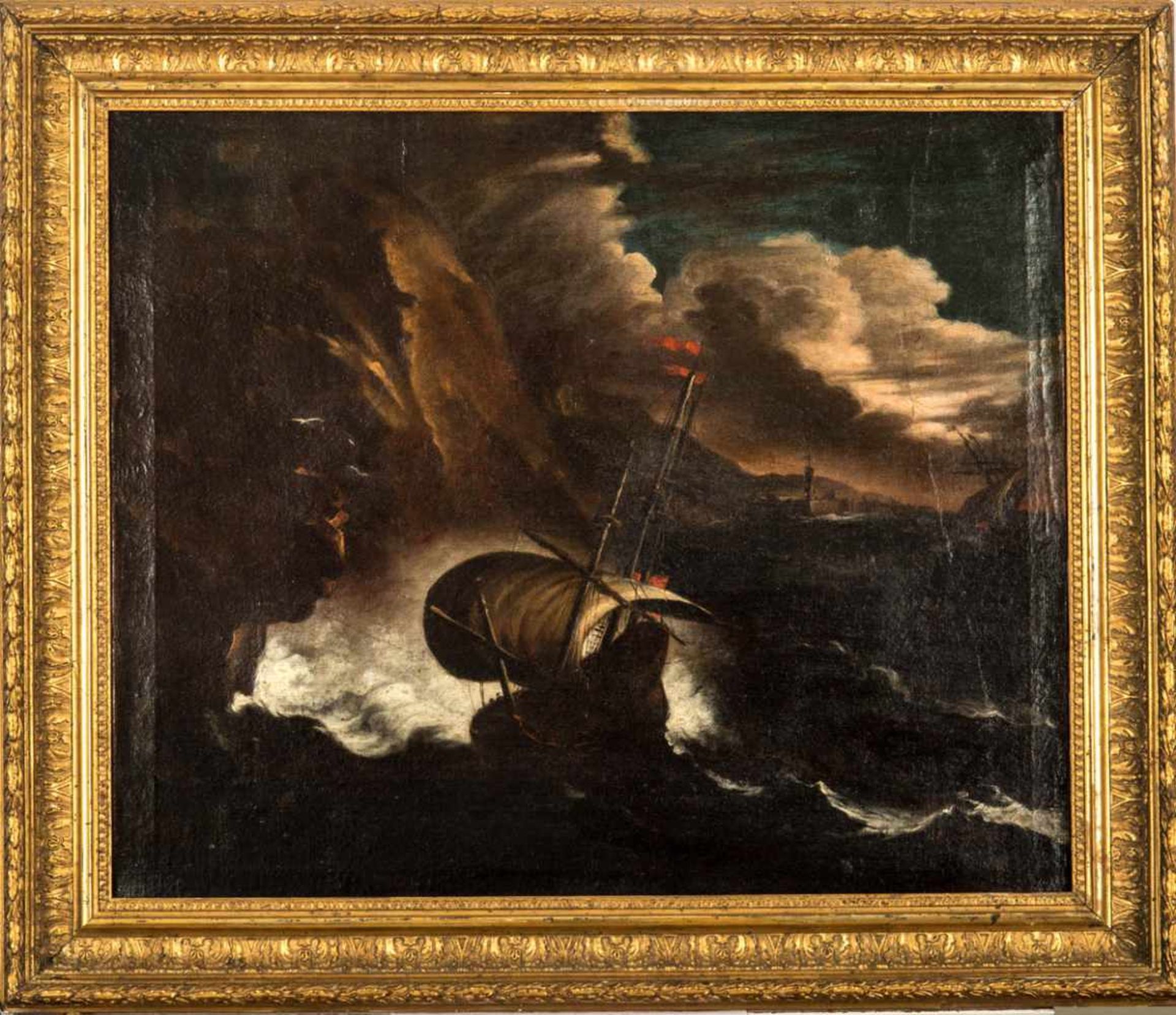 Meister des 18. Jhs.Segler in schwerer See im Gewittersturm. Öl/Leinwand. 46 x 55 cm.R.