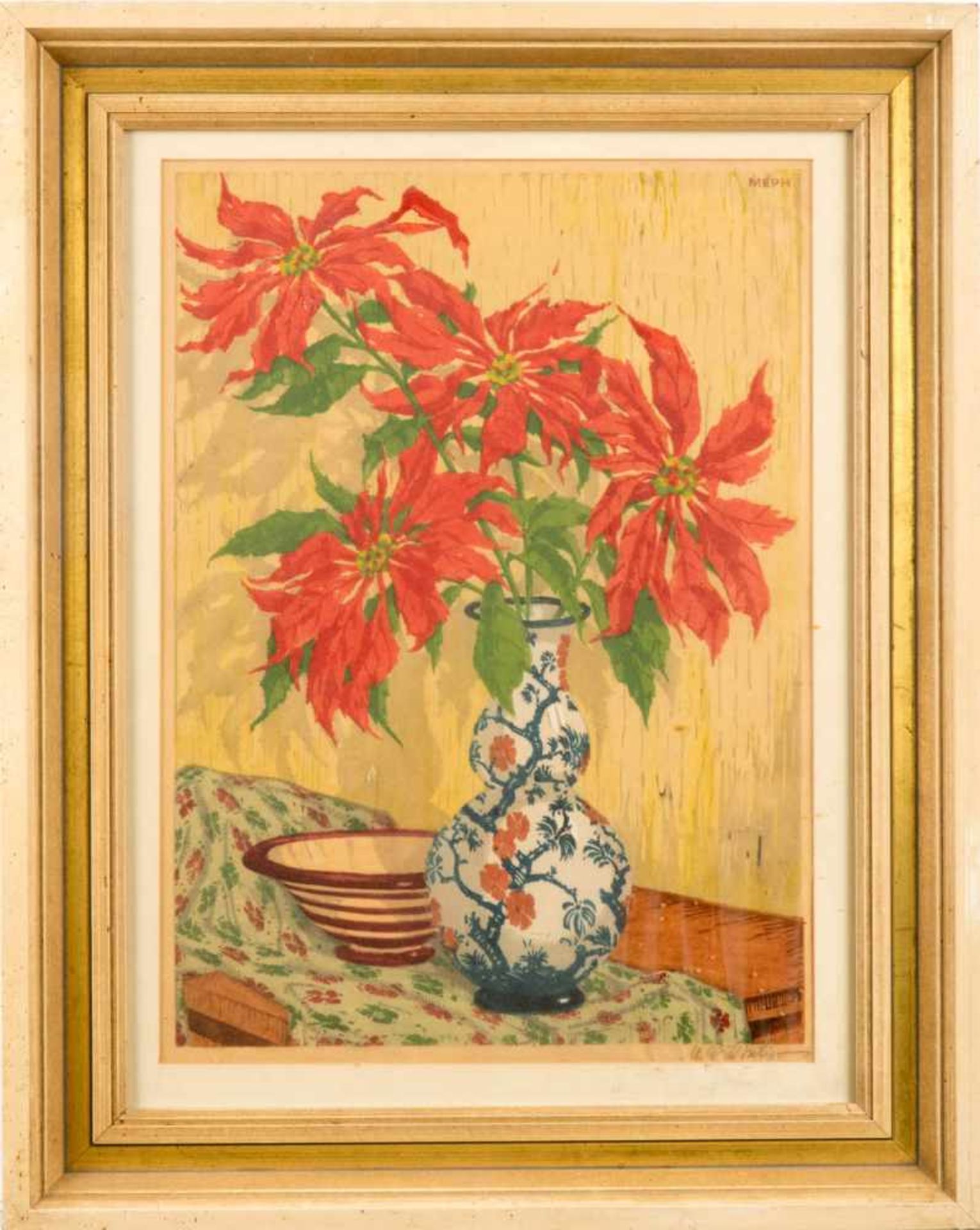 Philipp, Martin E. (MEPH) 1887Zwickau-1978Dresden)Rote Blumen in japanischer Vase. R.o. im Druck "