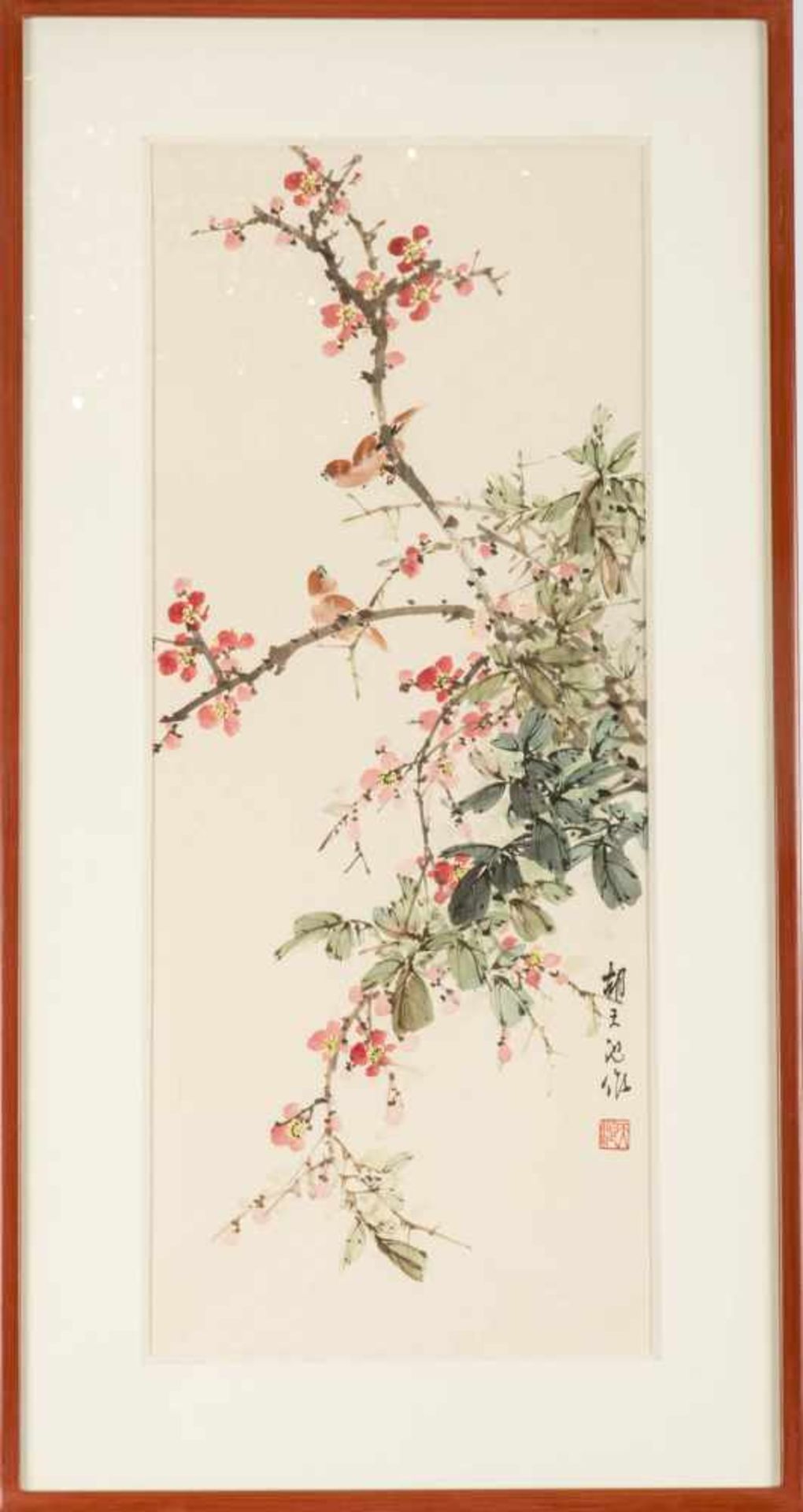Hu Chang, China 19.Jh.Mandelblütenzweig mit kleinem Vogel. Tuschezeichnung. Re.u. sign.