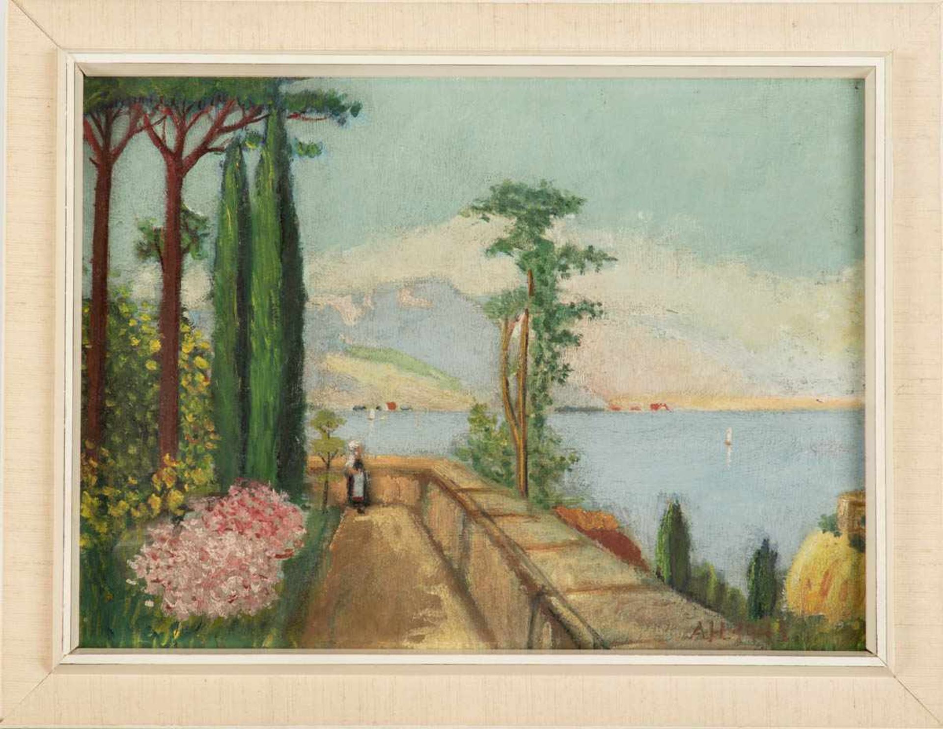 Monogrammist A.H.Bucht bei Neapel. Öl/ Karton. Blick von eine Terrasse. Re.u. monogr., dat. (19)