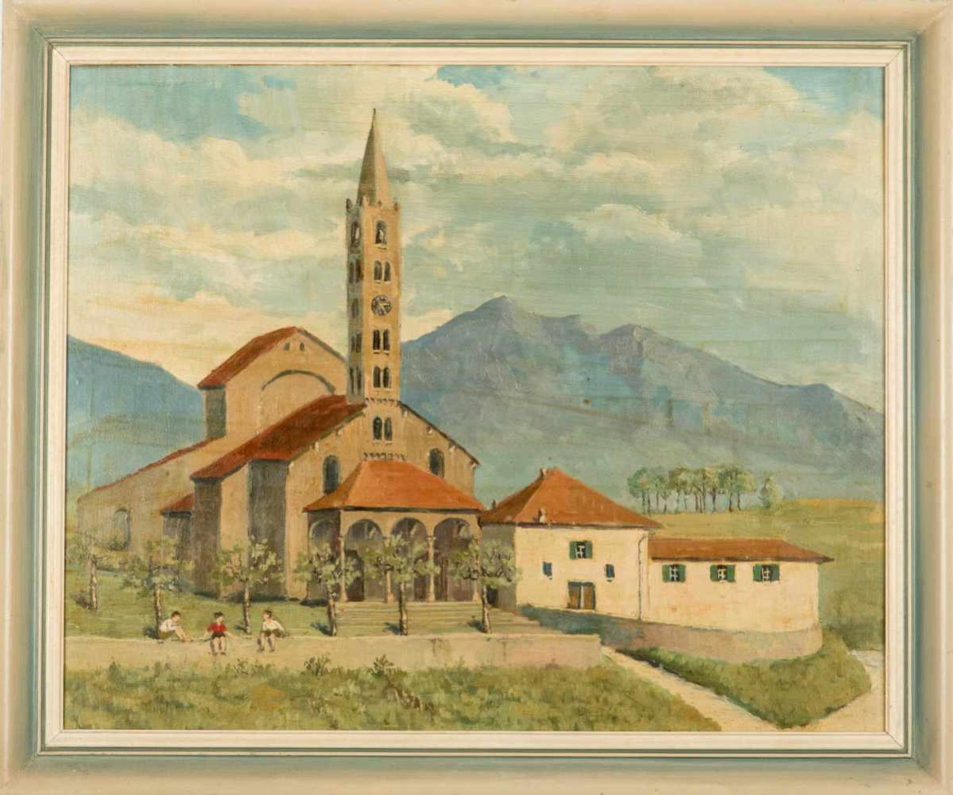 Arnold, Hans (1902 - 1990 Dorfen)Öl auf Platte, Kirche mit Gebirgslandschaft, rückseitig mit
