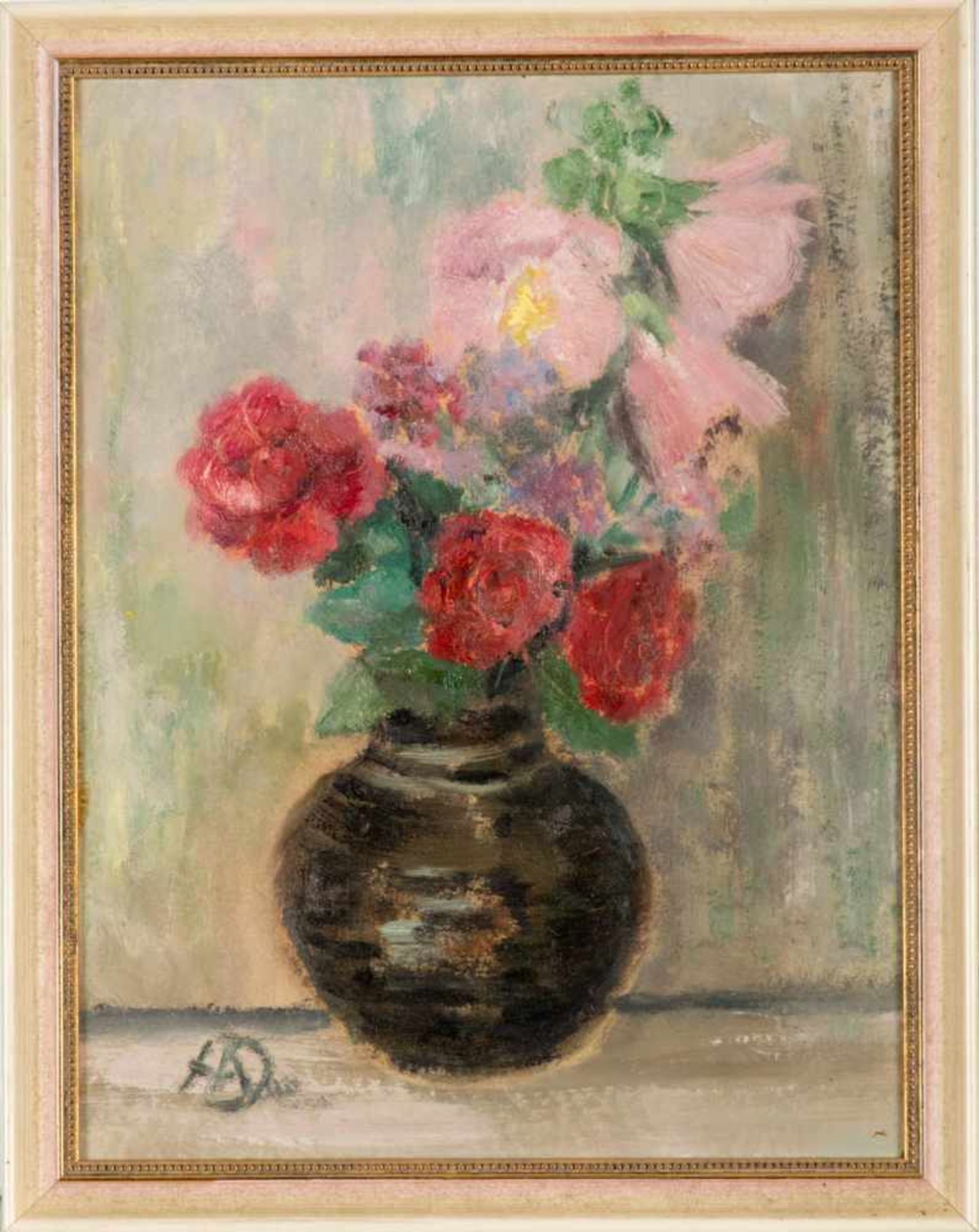 Achenbach, Hanna1892 Dortmund .- 1982 Siegen. Stillleben mit Rosen in brauner Kugelvase. Öl/