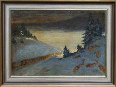 Jordan, Ernst Pasqual (1858 - 1924 )"Winternacht im Mittelgebirge". Öl/Lwd. Mondlicht beleuchtet die