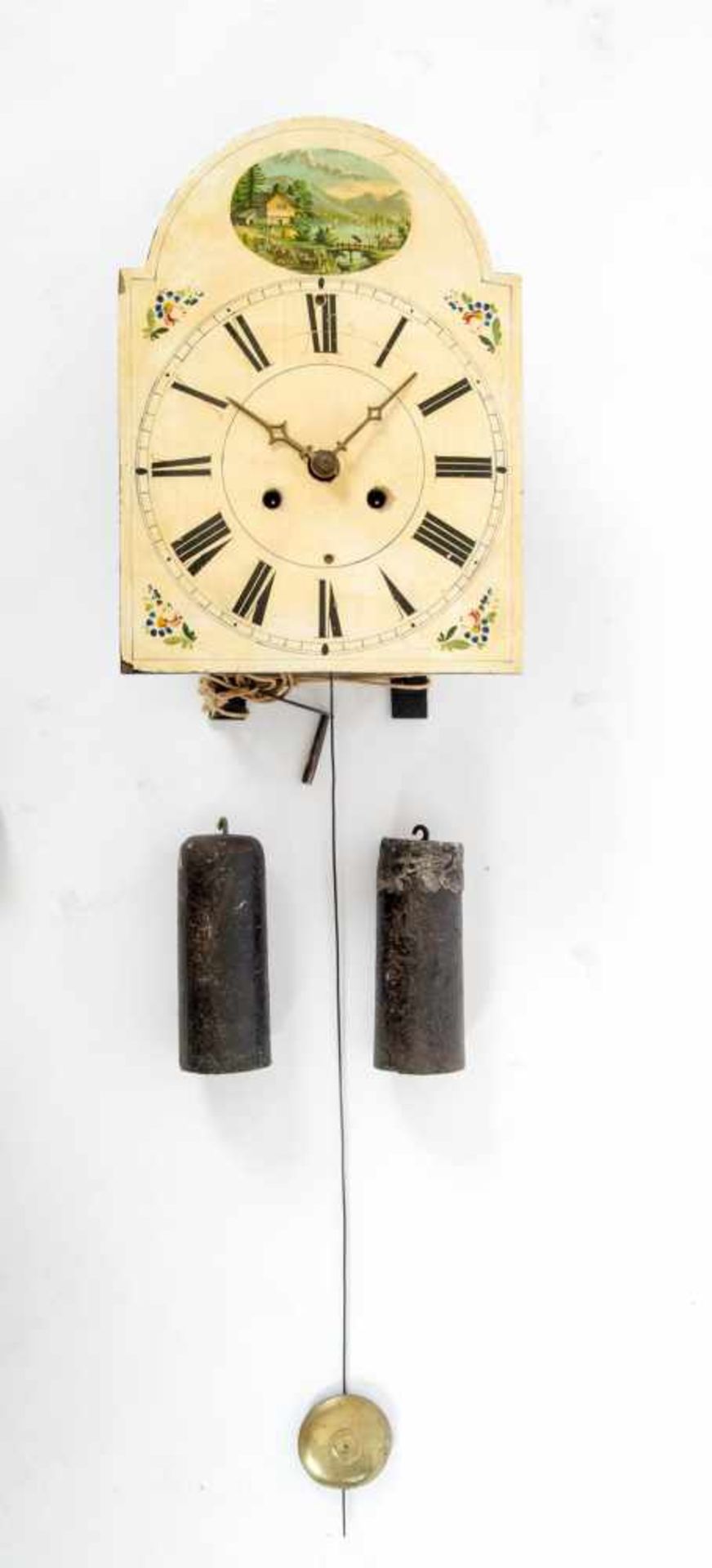 Wanduhr, Schwarzwald 19. Jh.Hochrecheckige Uhr, cremefarben bemalt mit ovaler Reserve mit kleiner