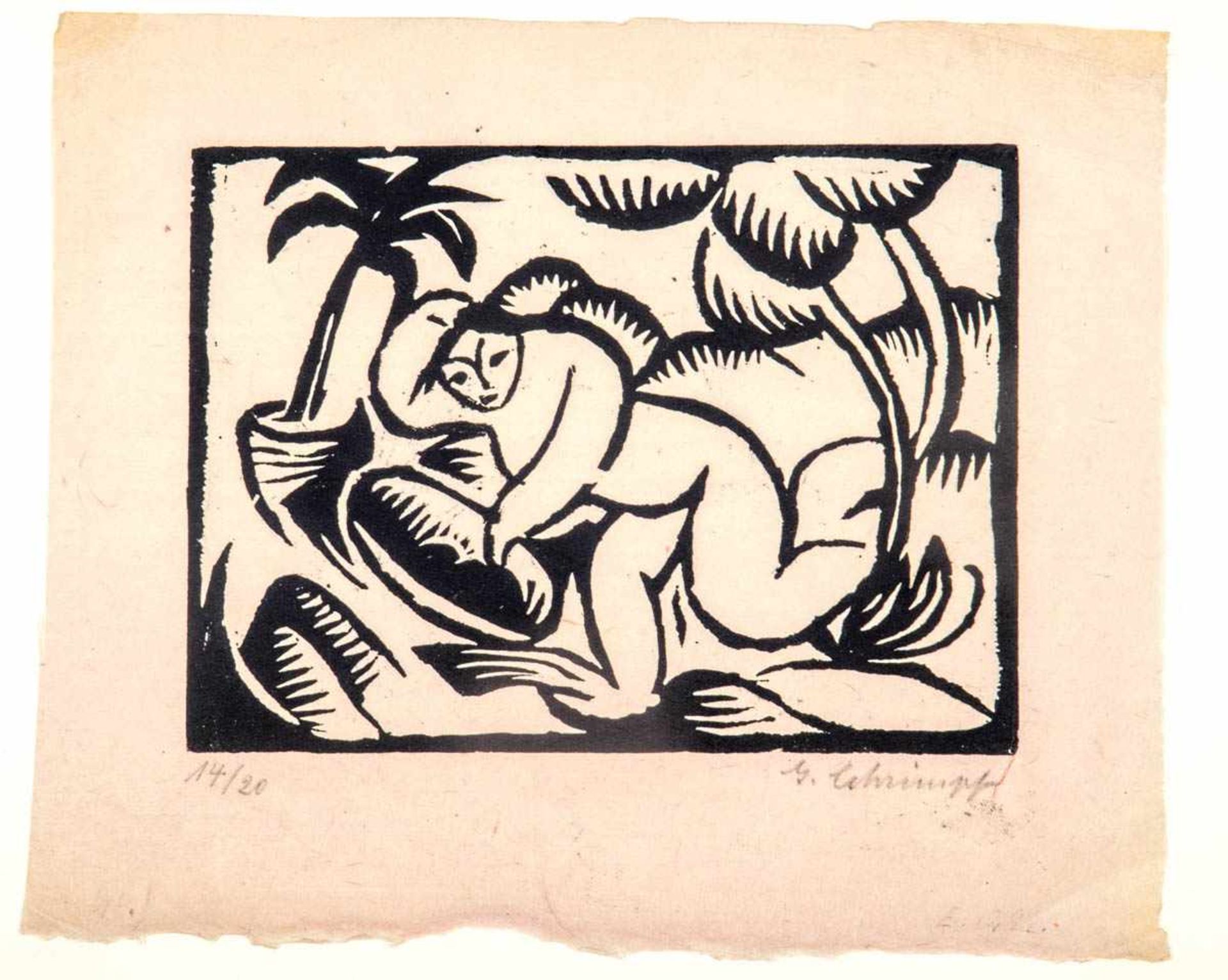 Schrimpf, Georg (1889 - 1938)"Akt unter Bäumen"(1916) Holzschnitt ,11 x 15 cm, Re. u. von Hand sign.