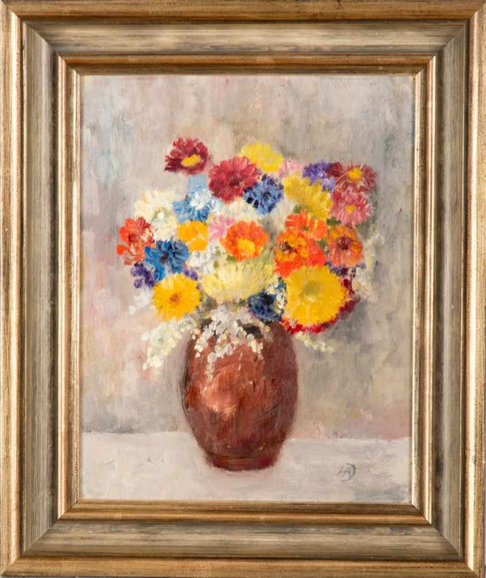 Achenbach, Hanna1892 Dortmund .- 1982 Siegen. Stillleben mit Sommerblumen in brauner Vase. Öl/