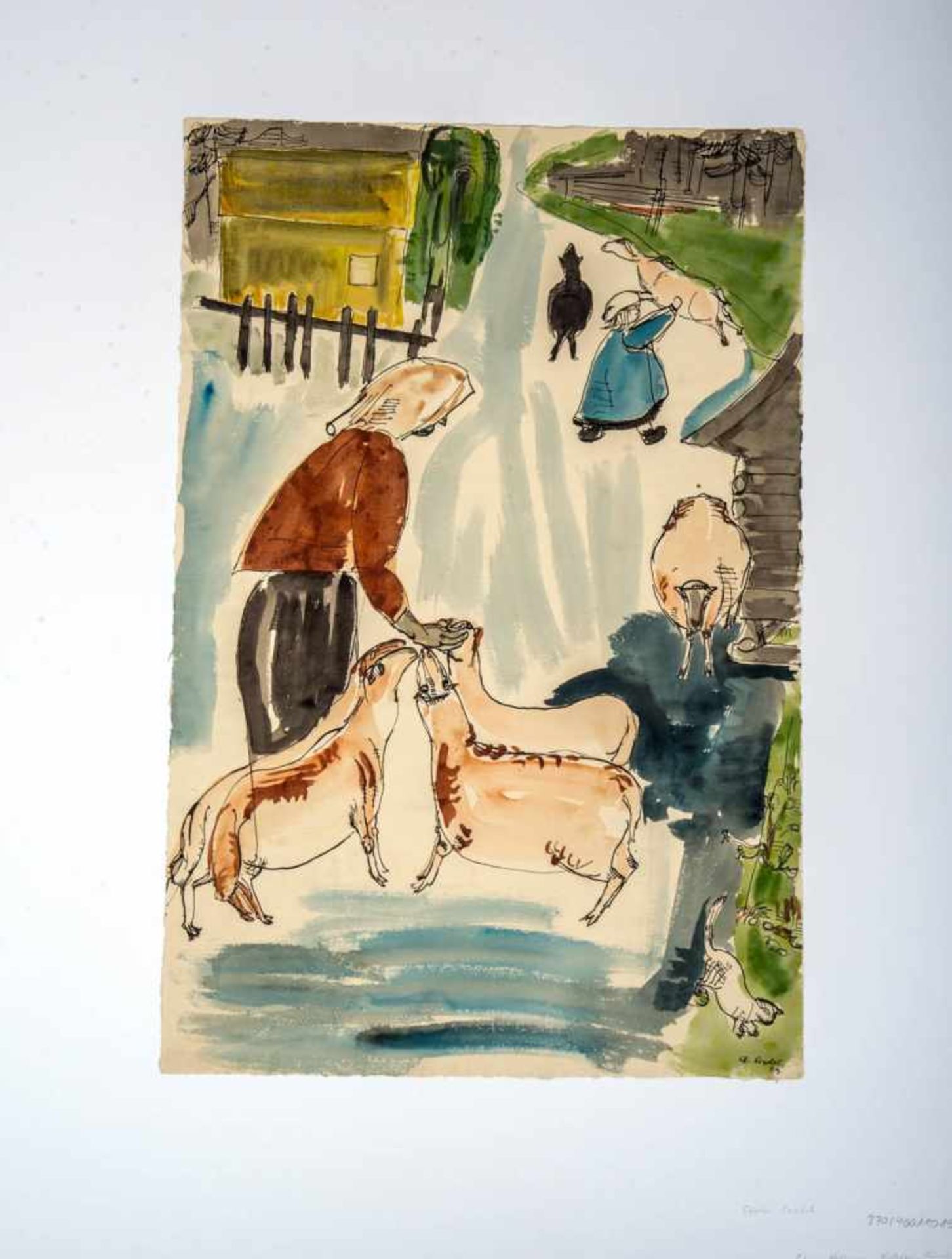 Crodel, Charles (1894 - 1973)Bäuerin beim Füttern der Schafe (1923), Aquarell und Feder, 58 x 38,5
