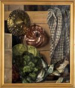 Genremaler des 19. Jhs.Stilleben.Tisch auf dem Fische und Gemüse liegen, an der Wand hängen Formen