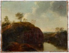 Landschaftsmaler um 1900Hügelige Landschaft mit Flusslauf. Öl/Lwd. 28 x 38 cm. O.R.