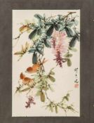 Hu Chang, China Ende 19. Jh.Blütenzweig mit Vogelpaar,Aquarell, Li. Mitte sign. Verlegerstempel.