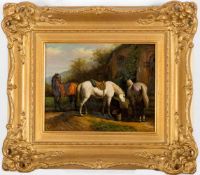 Vlist, G. van derPferdemaler um 1900. Fütterung einer Gruppe mit drei Pferden vor einem
