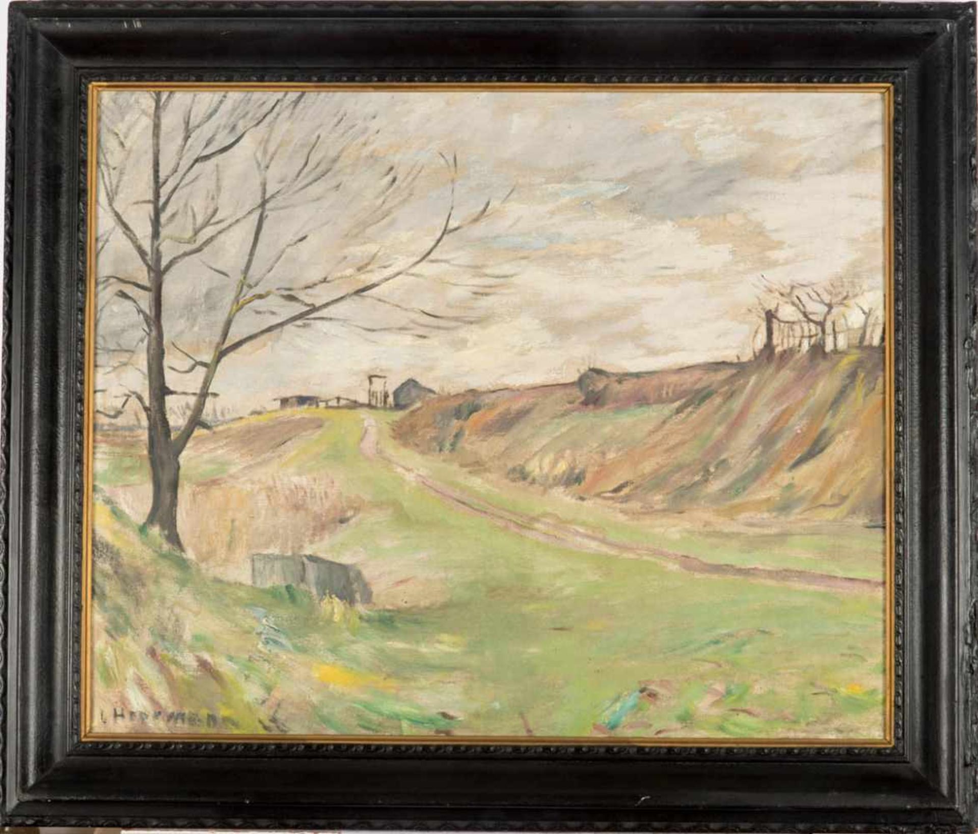 Hermann-Conradi, LillyLeipziger Landschaftsmalerin. Deichlandschaft im Vorfrühling. Öl/Karton. Li.u.