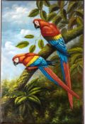 Tiermaler des 20. Jhs.Zwei bunte Aras in exotischen Bäumen. Öl/Lwd. 92 x 62 cm. R.