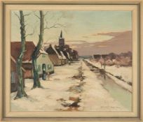 LandschaftsmalerDorf an einem Bachlauf im Winter. Öl/Hartfaser. Re.u. unleserl. sign. 51 x 60 cm.