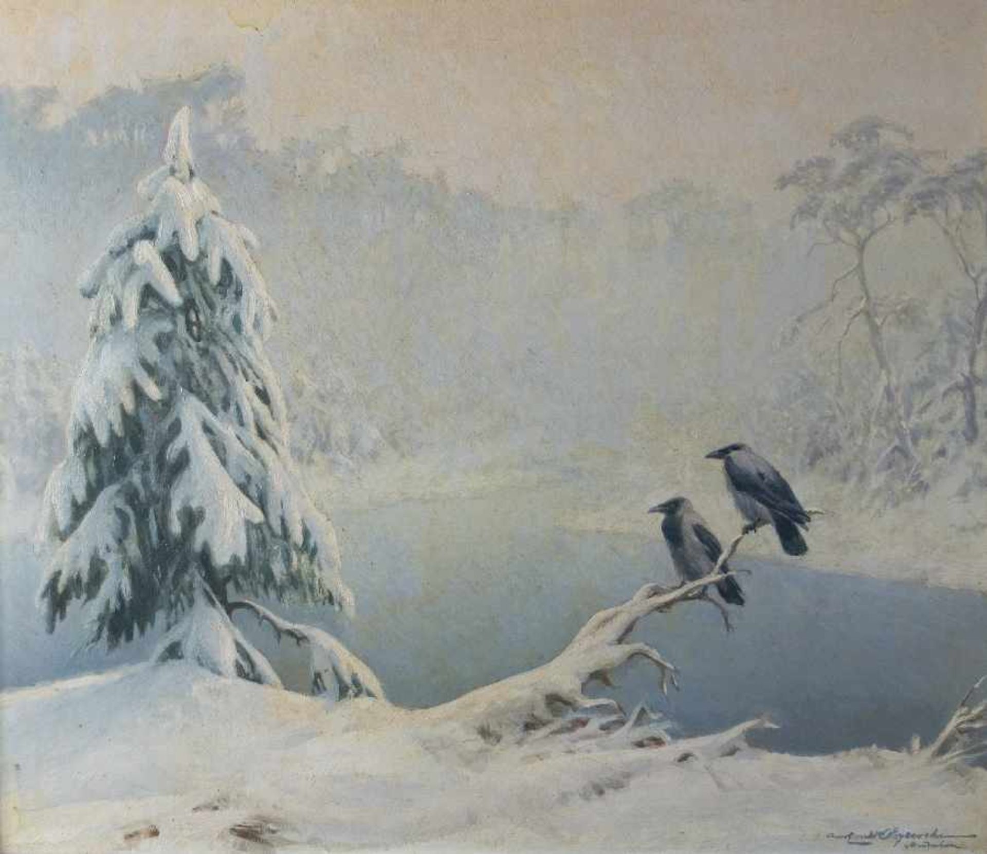 Karl Ewald Olszewski1884 - 1965Kalter WintermorgenÖl auf Hartfaser; H 45,5 cm, B 54,5 cm; signiert