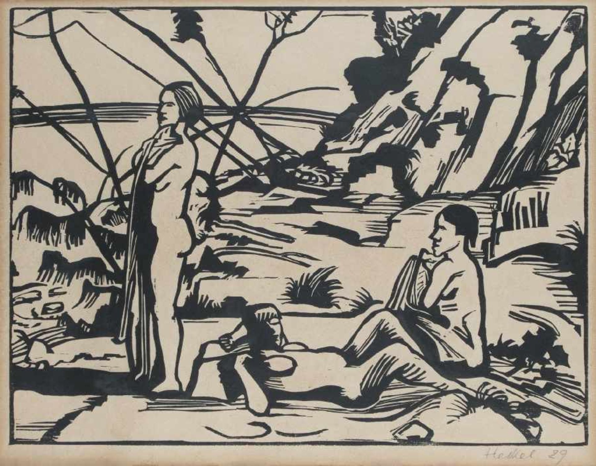 Erich Heckel1883 Döbeln - 1970 HemmenhofenAm StrandHolzschnitt auf Papier; H 330 mm, B 437 mm;