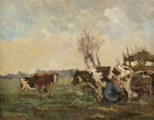 Maler um 1900Beim Melken der KüheÖl auf Lwd; H 30,5 cm, B 40,5 cm; schwer leserlich signiert u. r.