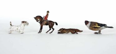 Wiener BronzeStieglitz, Fuchs, Terrier, Reiter4 Bronzen, farbig gefasst; L bis 11 cmWiener