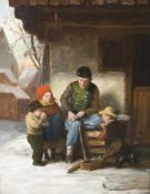 Maler um 1900Winter vor dem Haus (Kinder und Großvater)Öl auf Malkarton; H 31 cm, B 24 cmPainter