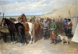 Antoni Piotrowski1853 - 1924Soldaten beim PferdehändlerÖl auf Pappe über Holzkeilrahmen; H 72 cm,