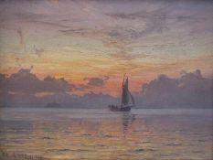 Vilhelm Karl Ferdinand Arnesen1865 - 1948Sailing boat in the dawnOil on canvas over cardboard; H