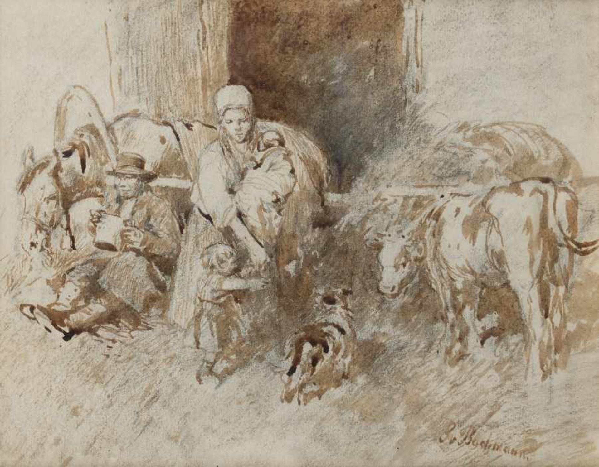 Gregor von Bochmann1850 Gut Nesat - 1930 HöselWith the children in the stableWatercolor on paper;
