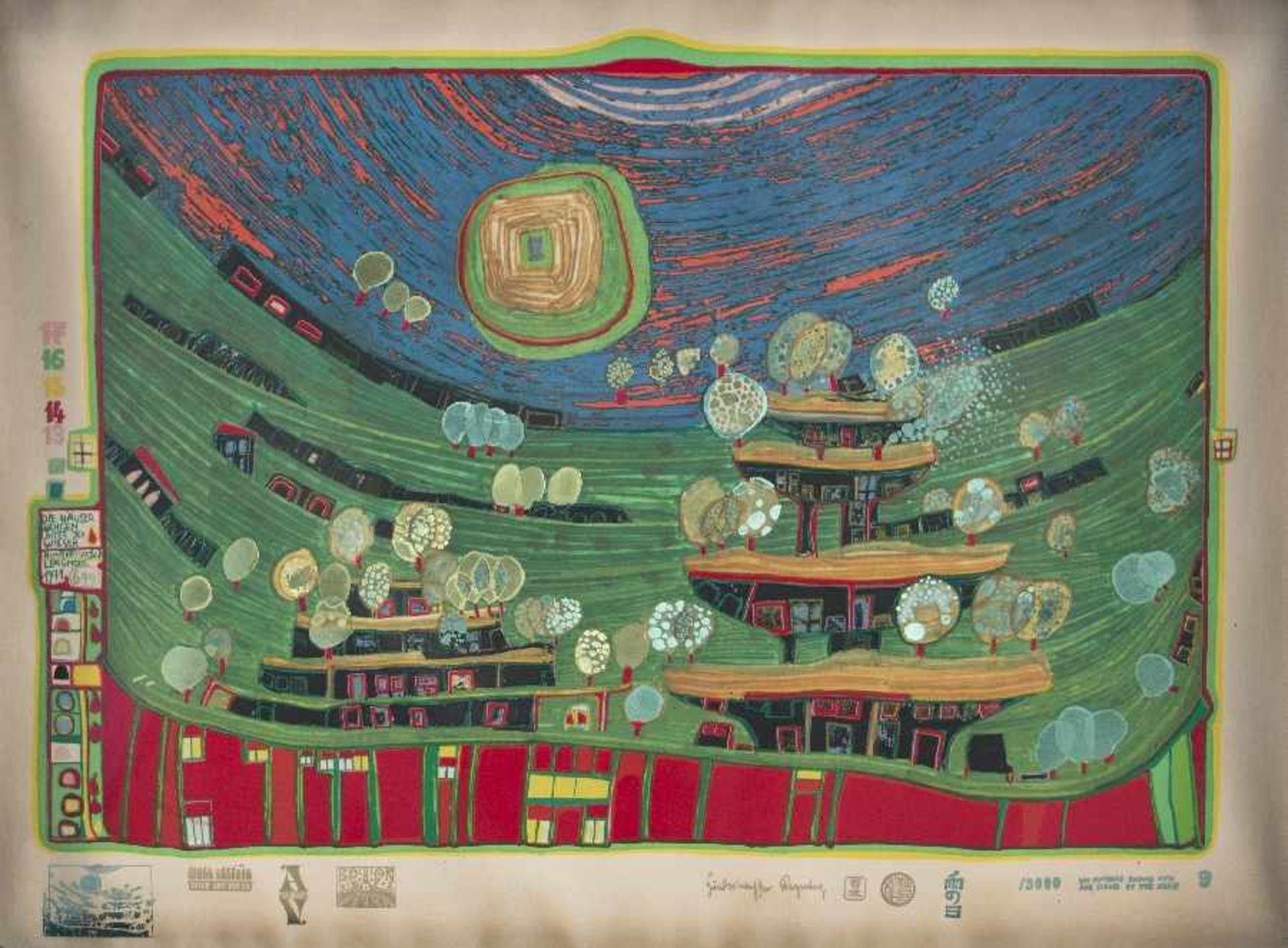 Friedensreich Hundertwasser1928 Wien - 2000Die Häuser hängen unter den WiesenColor serigraph with