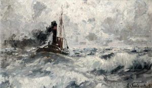 Leonhard Sandrock1867 - 1945Tugboat at seaOil on hardboard; H 28.5 cm, W 48 cm; signed and dated