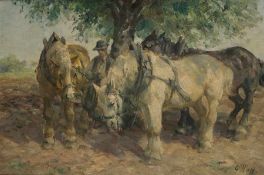 Georg Wolf1882 Niederhausbergen - 1962 UelzenWith the horses under the treesOil on hardboard; H 36