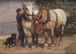Julius Paul Junghanns1878 Wien - 1958 DüsseldorfFarmer with dog at the horsesOil on canvas; H 40.5