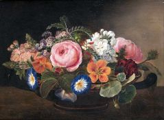Painter of the 19th centuryFloral still life with ceramic bowlOil on canvas, relined; H 29.5 cm, W
